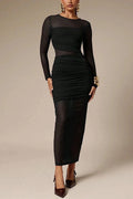 Glorol - O-Neck High Waist Pleated Long Sleeve Slim Maxi Dress