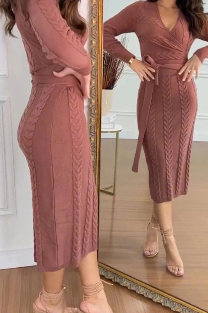 Glorol - Long Sleeve Slim High Waist V-Neck Midi Dress