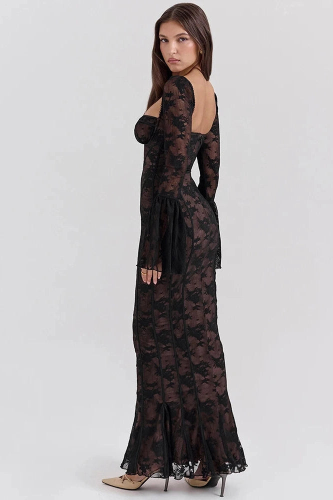 Glorol - Lace Print Long Flare Sleeve Square Collar Maxi Dress