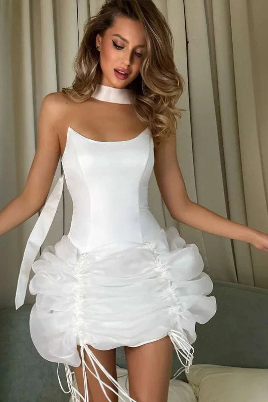 Glorol - Elegant Scarf-Neck Backless Fit Mini Dress