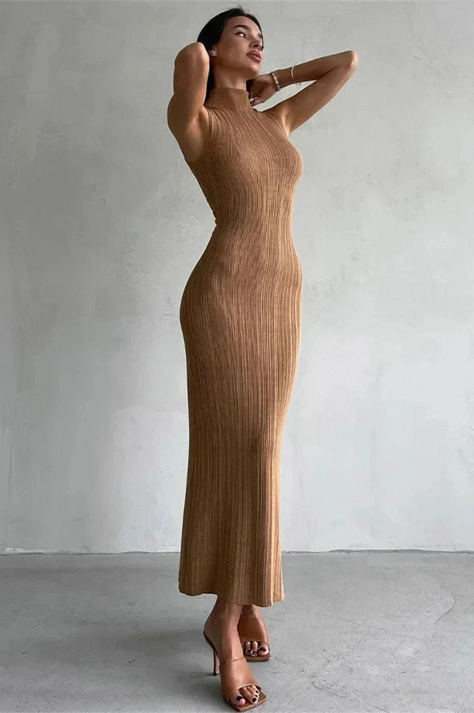 Glorol - Elegant Knitted Turtleneck Sleeveless Bodycon High Waist Maxi Dress