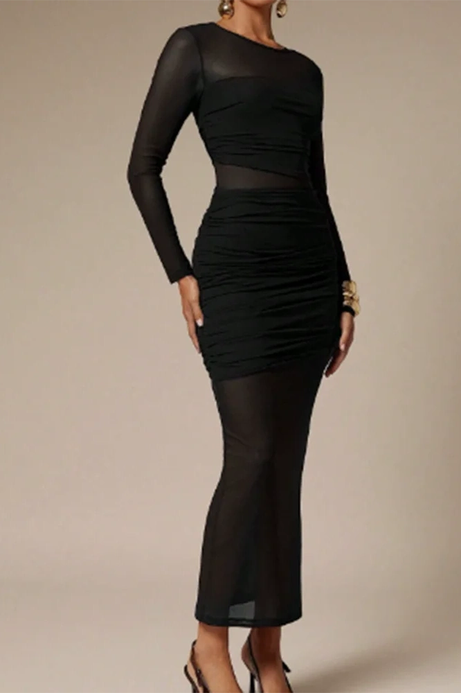 Glorol - O-Neck High Waist Pleated Long Sleeve Slim Maxi Dress