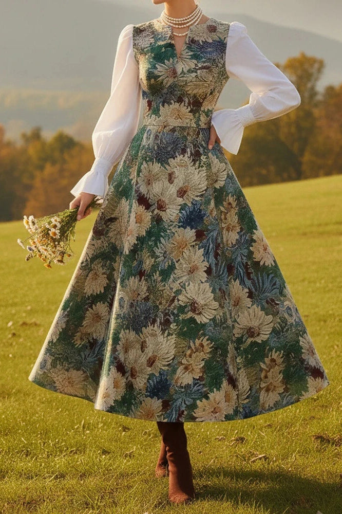 Glorol - Elegant High Waist Pleated V-Neck Printed Midi Dress