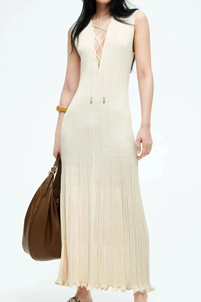 Glorol - Elegant Hollow Out Lace Up Slim Knitted Sleeveless Maxi Dress