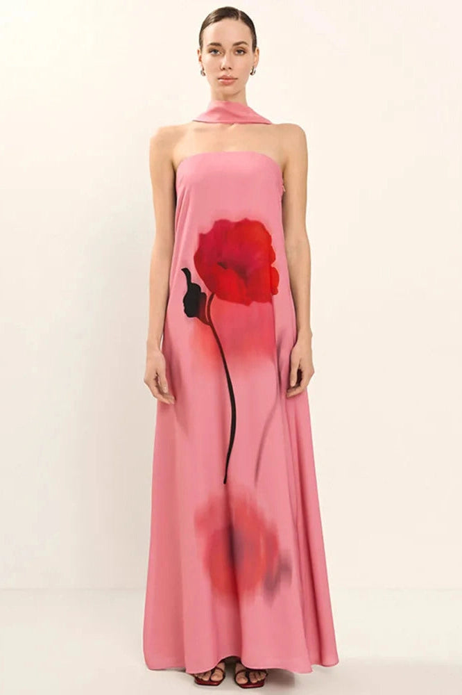 Glorol - Printed Scarf Collar Off-Shoulder Sleeveless Backless Maxi Dress