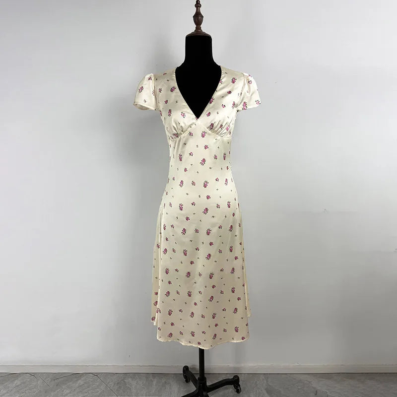 Glorol - Printed Short Sleeve V Neck High Waist Midi Dress