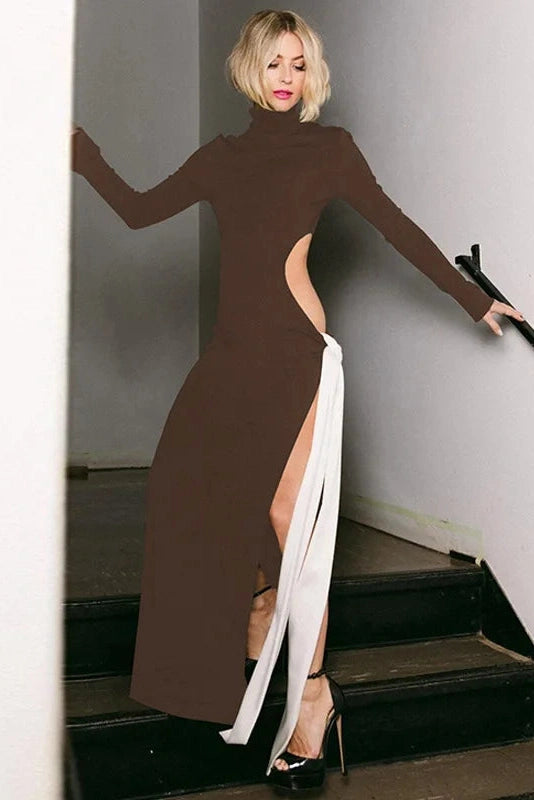 Glorol - Elegant Hollow Out Turtleneck Long Sleeve Maxi Dress