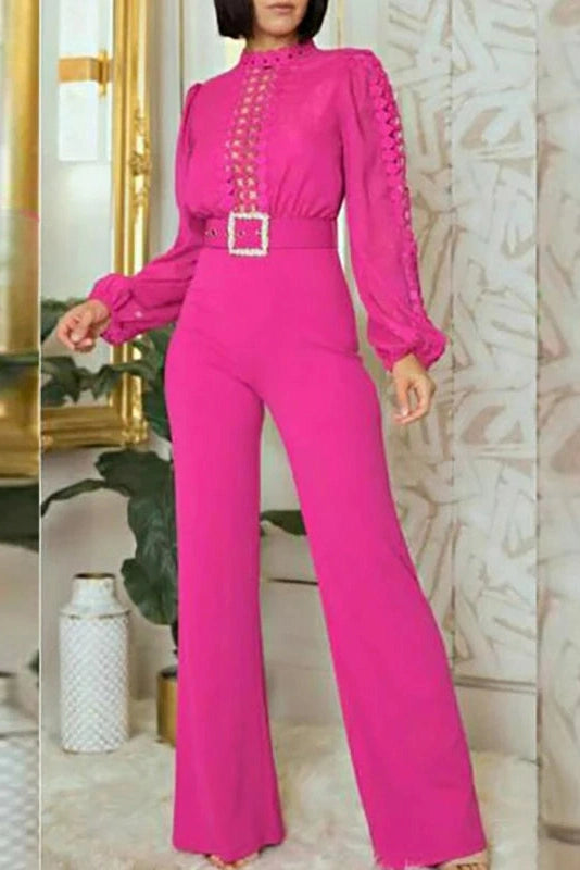 Glorol - High Waist Mesh Hollow Out Wide Leg Jumpsuit