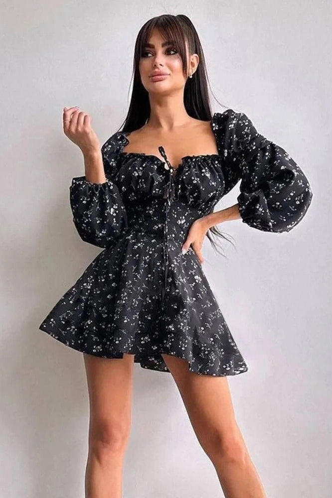 Glorol - Long Puff Sleeve Square Collar Backless Mini Dress