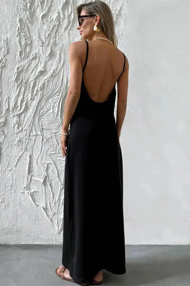 Spaghetti Straps Backless Loose V-Neck Maxi Dress