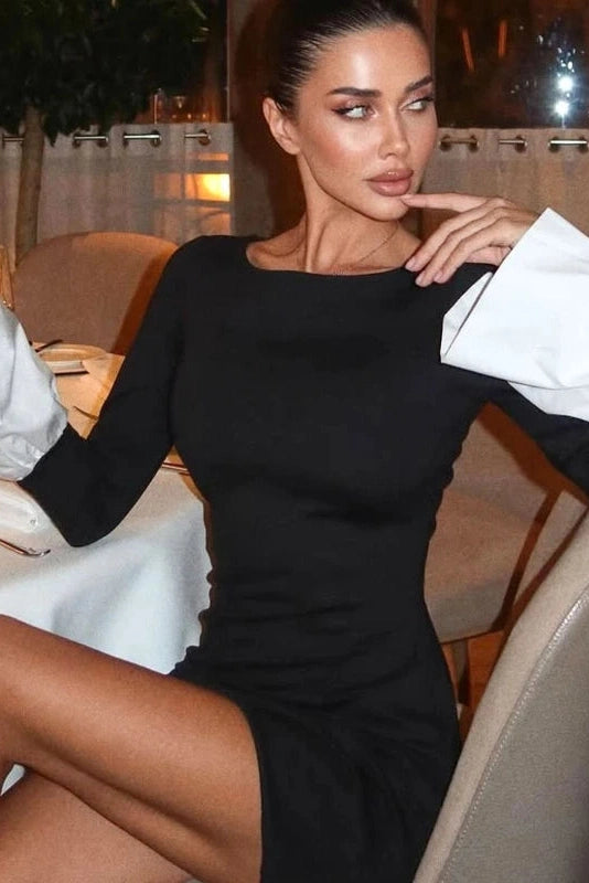 Glorol - Round Neck Slim Long Sleeves High Waist Mini Dress