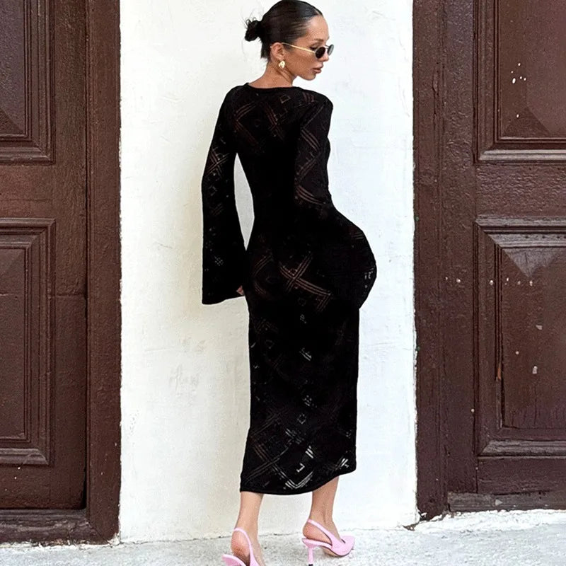 Glorol - Elegant V-Neck Hollow Out See Through Maxi Dress