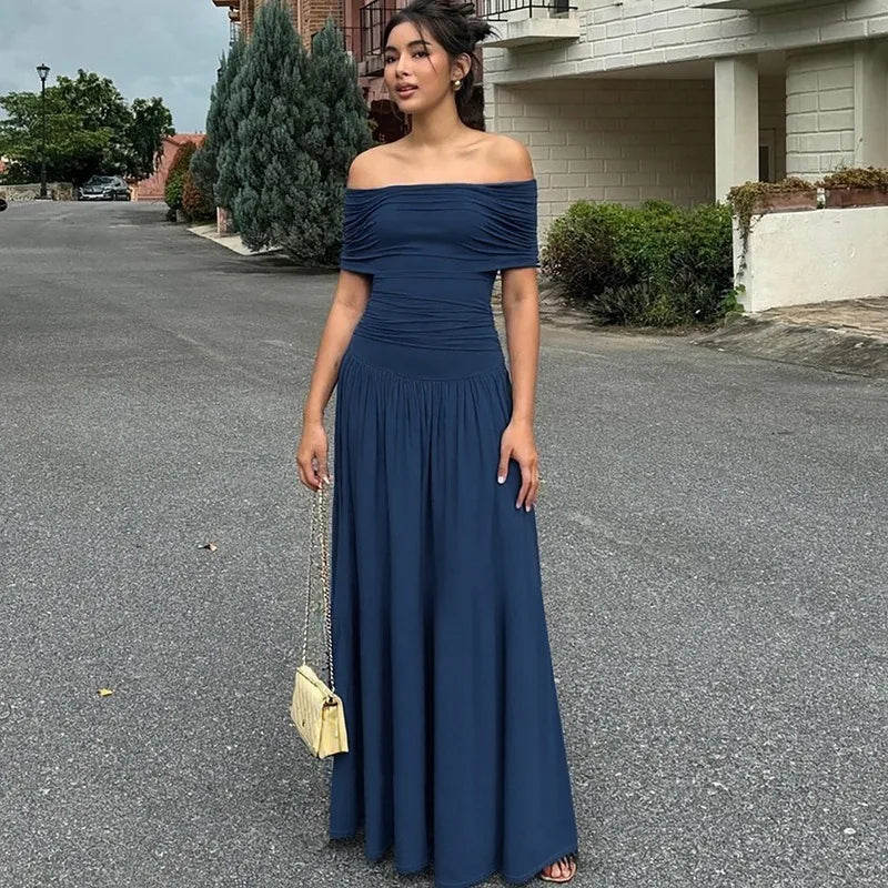 Glorol - Off Shoulder Patchwork Sleeveless Slit Slim Maxi Dress
