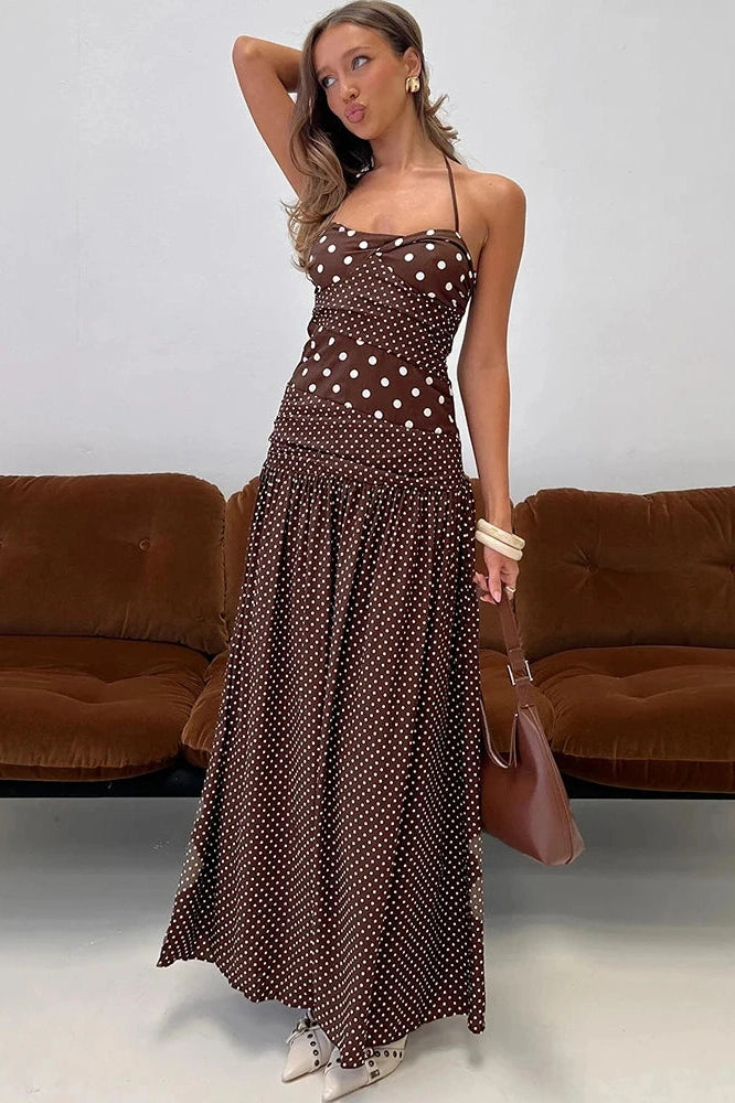 Glorol - Polka Dot Off-Shoulder Sleeveless Backless Bodycon Maxi Dress