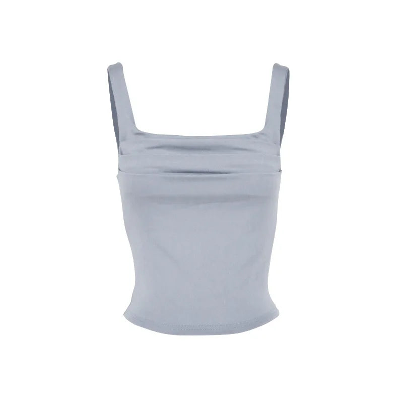Glorol - Slim Backless Square Collar Pleated Sleeveless Top
