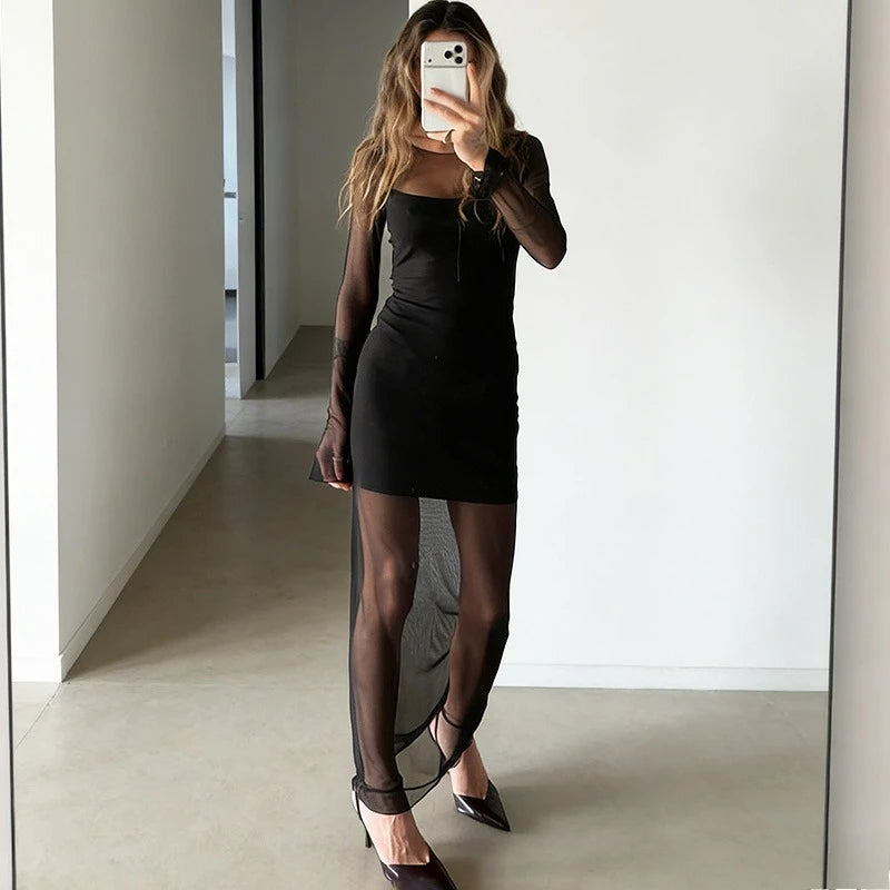 Glorol - Elegant See Through Patchwork High Waist Maxi Dress