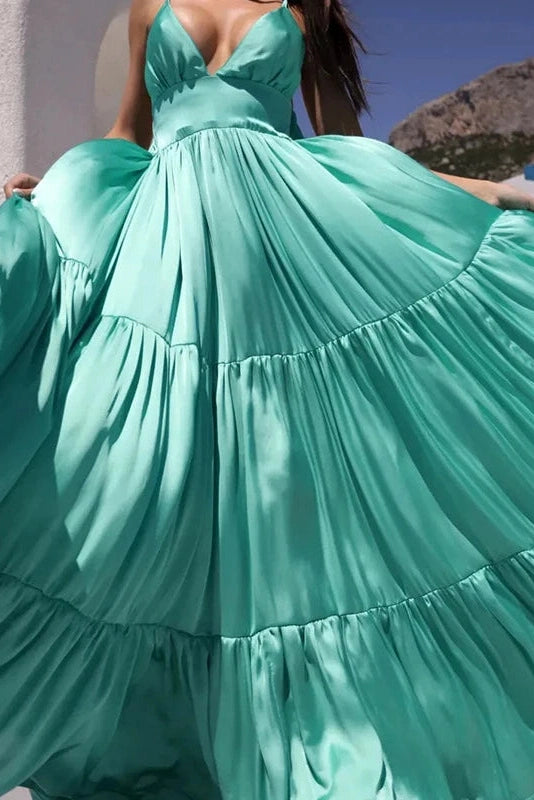 Glorol - Pleated V-Neck Sleeveless High Waist Maxi Dress
