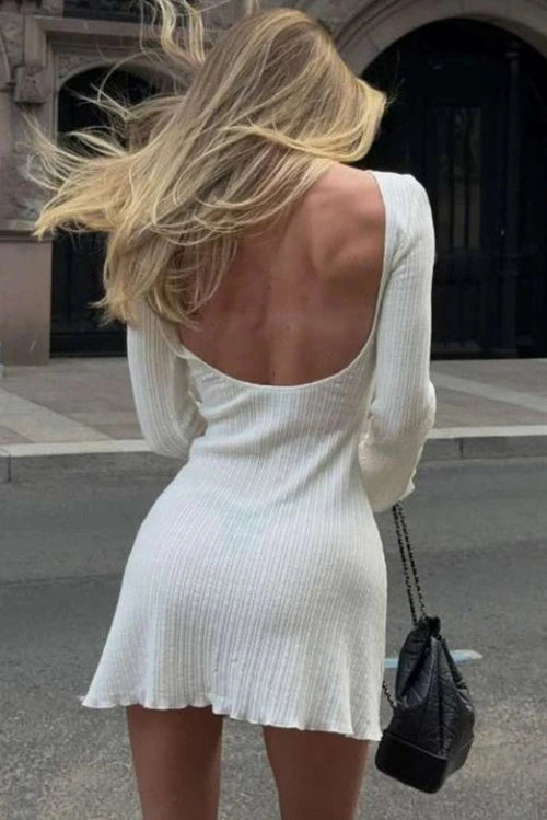 Glorol - Elegant Backless Round Neck High Waist Long Sleeve Mini Dress