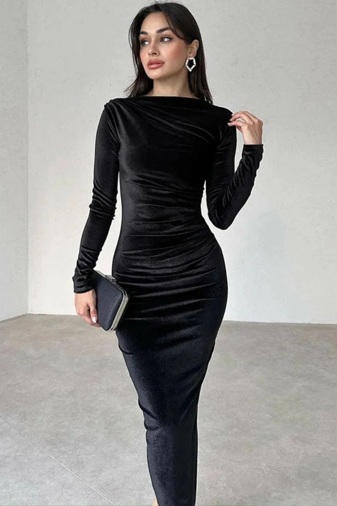 Glorol - Elegant Long Sleeve O Neck Bodycon Maxi Dress