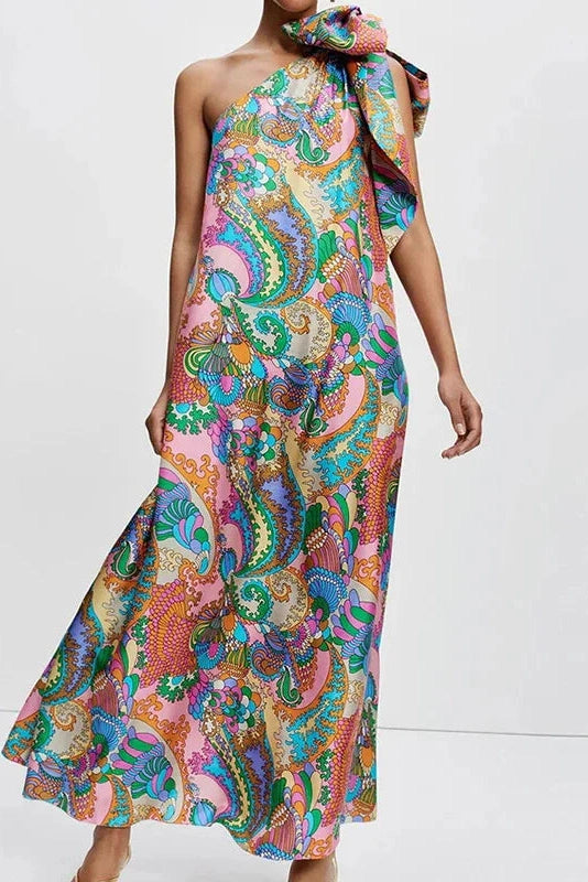 Glorol - Elegant Printed Off Shoulder Pleated Maxi Dress