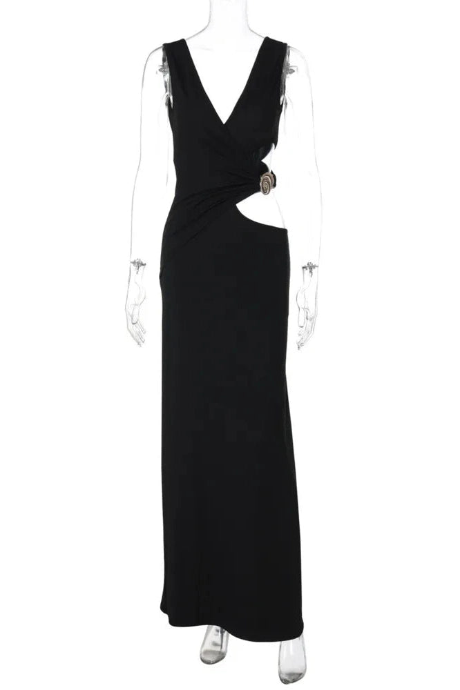 Glorol - Hollow Out Backless V Neck Sleeveless Bodycon Maxi Dress