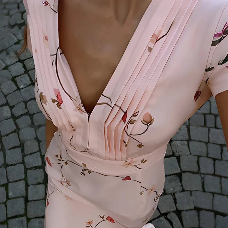 Glorol - Deep V Neck Slim Long Sleeve High Waist Midi Dress