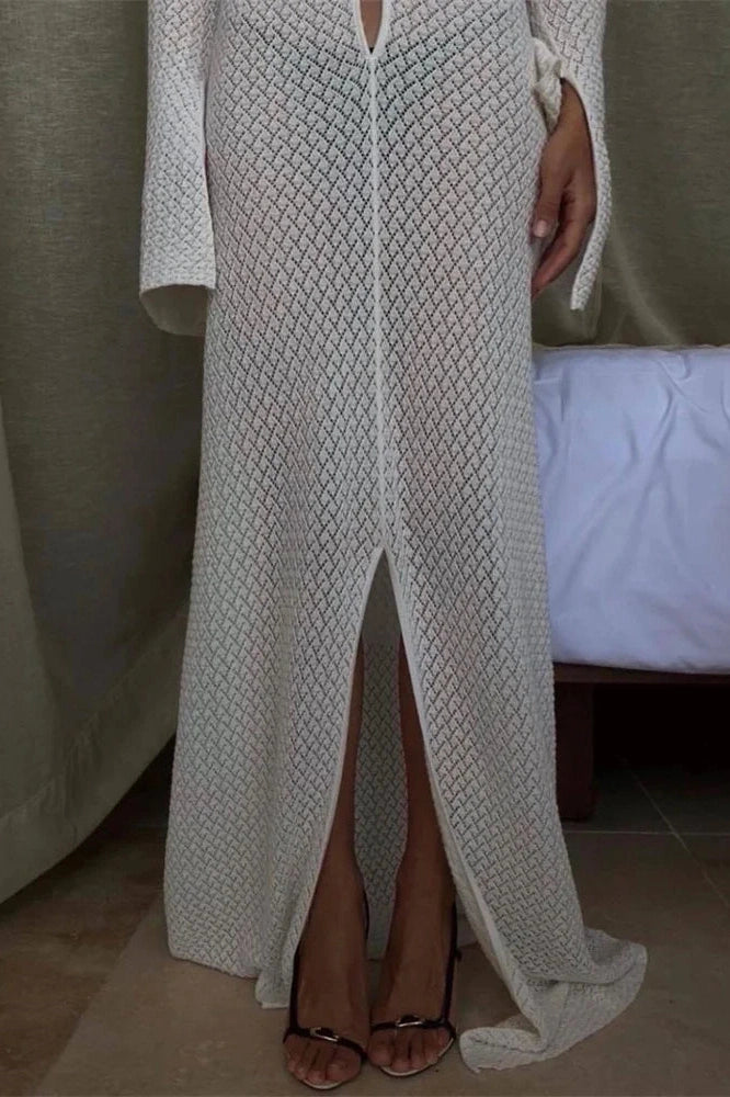 Glorol - Hollow Out Loose Long Sleeve V-Neck Maxi Dress