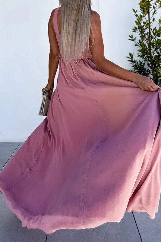Glorol - Hollow Pleated High Split Sleeveless Slim V Neck High Waist Maxi Dress