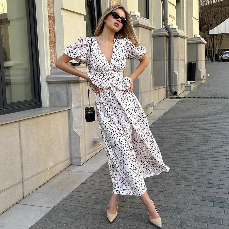 V Neck Puff Sleeve High Waist Maxi Dress