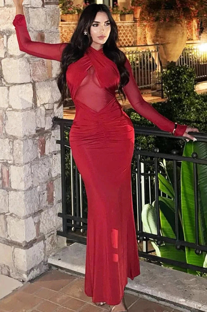 Glorol - Hollow Out Long Sleeve O Neck Bodycon Maxi Dress