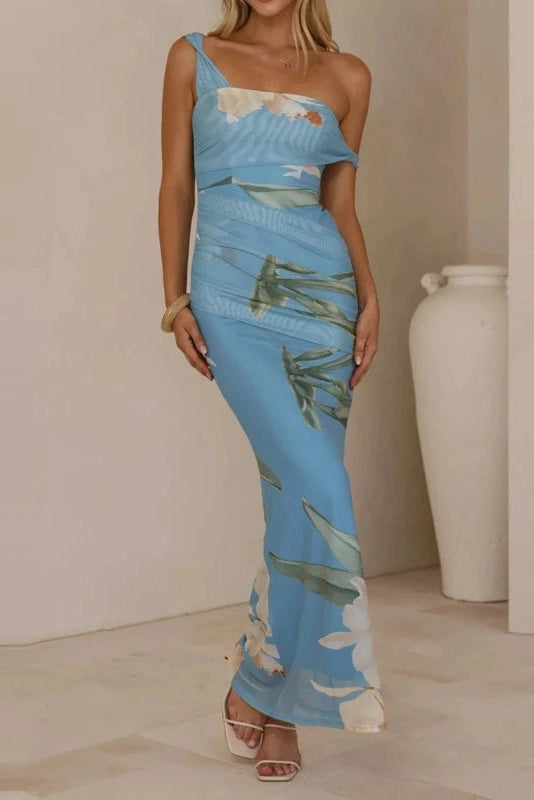 Glorol - Sleeveless High Waist Slash Collar Printed Maxi Dress