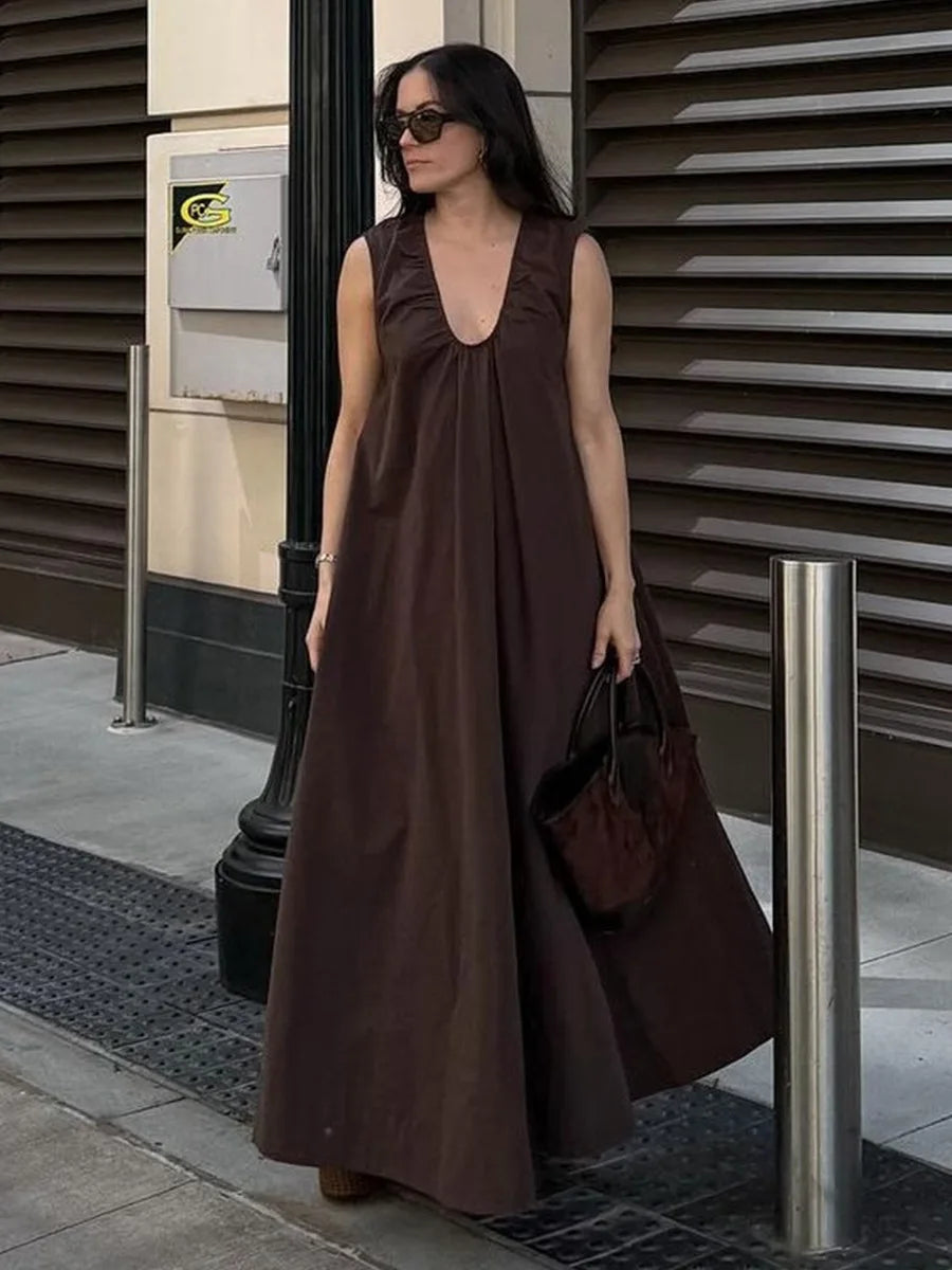 Glorol - Sleeveless U Neck Loose Maxi Dress