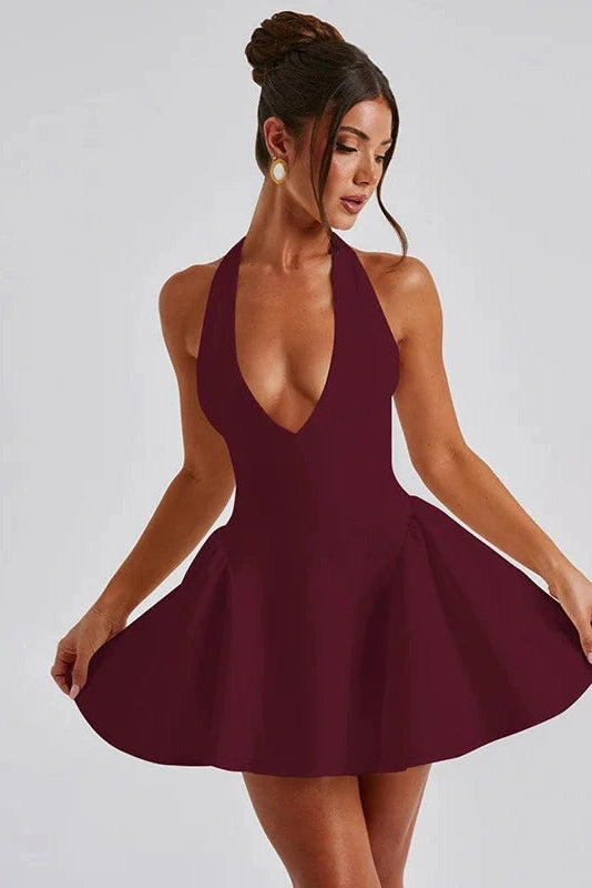 Glorol - Deep V Neck Sleeveless Backless High Waist A-line Mini Dress