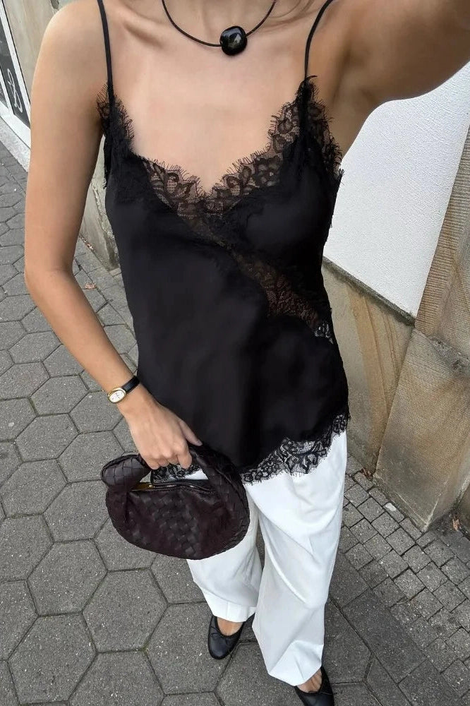 Glorol - Lace Printed V-Neck Patchwork Backless Top