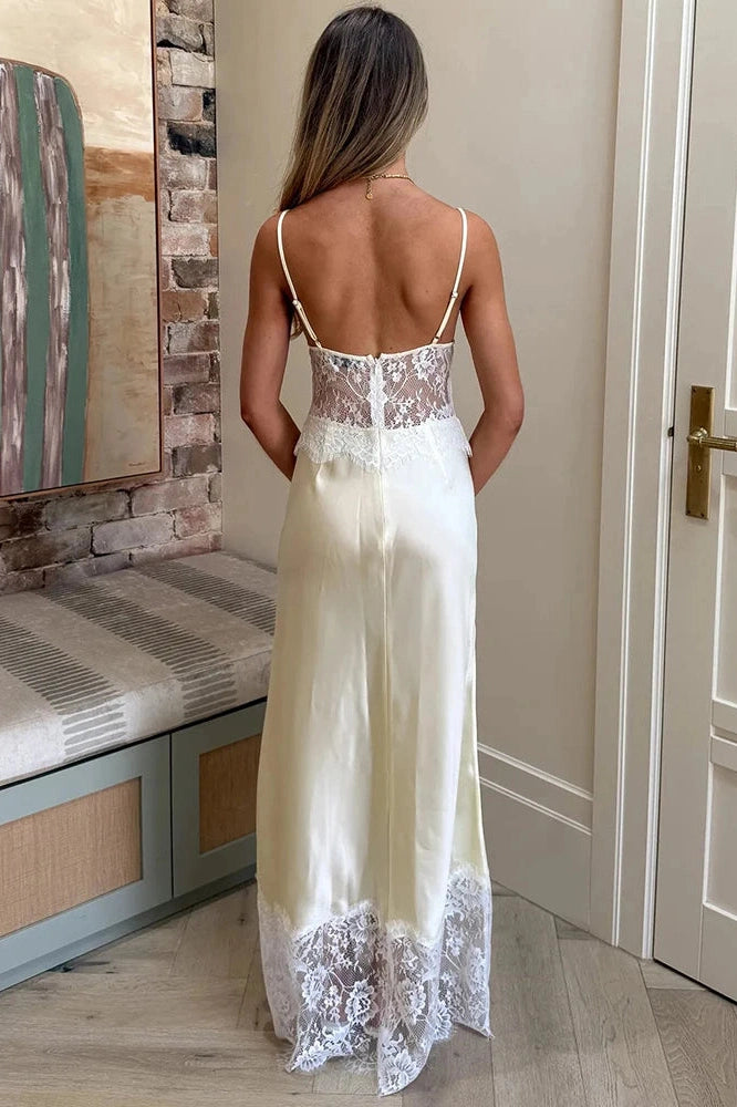 Glorol - Spaghetti Strap Backless Lace Patchwork V Neck Sleeveless Maxi Dress