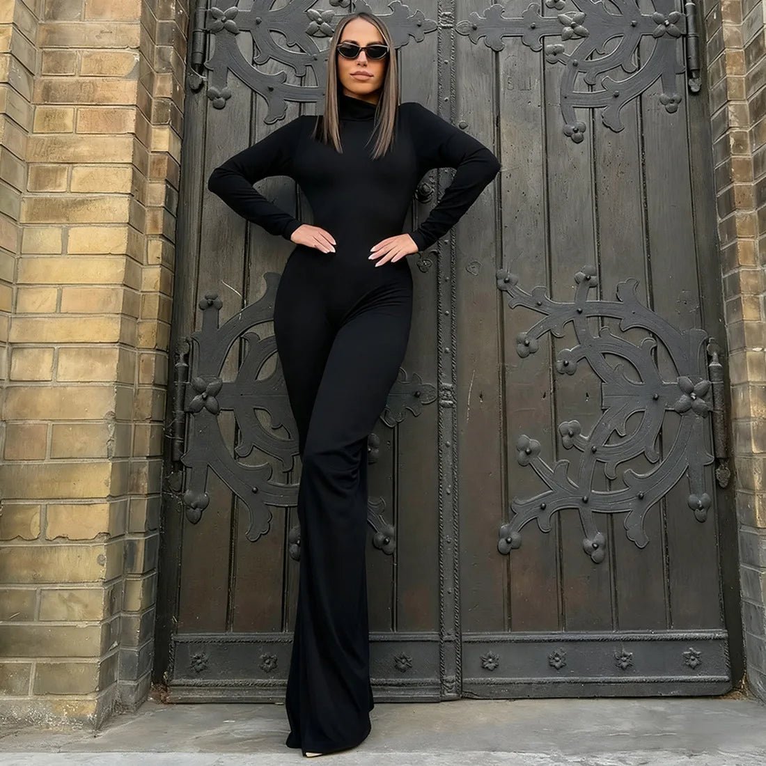Glorol - Elegant High Neck High Waist Long Sleeve Maxi Dress