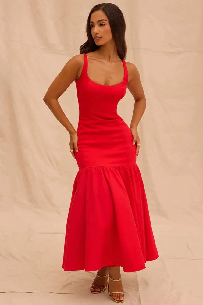 Glorol - Backless Square Collar Sleeveless Loose Pleated Maxi Dress