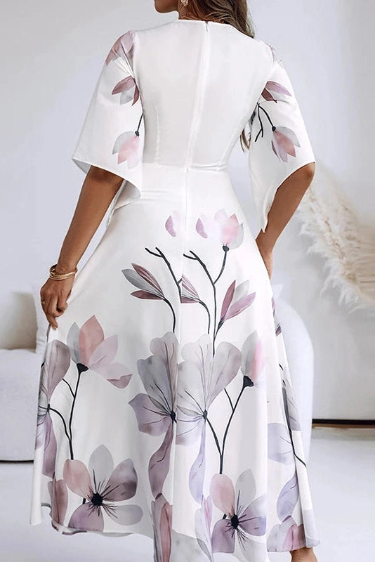 Glorol - Elegant Half Sleeve Slim High Waist Pleated V-Neck Printed Maxi Dress