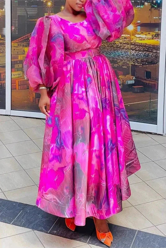 Square Collar Pleated High Waist Printed Long Sleeve Maxi Dress