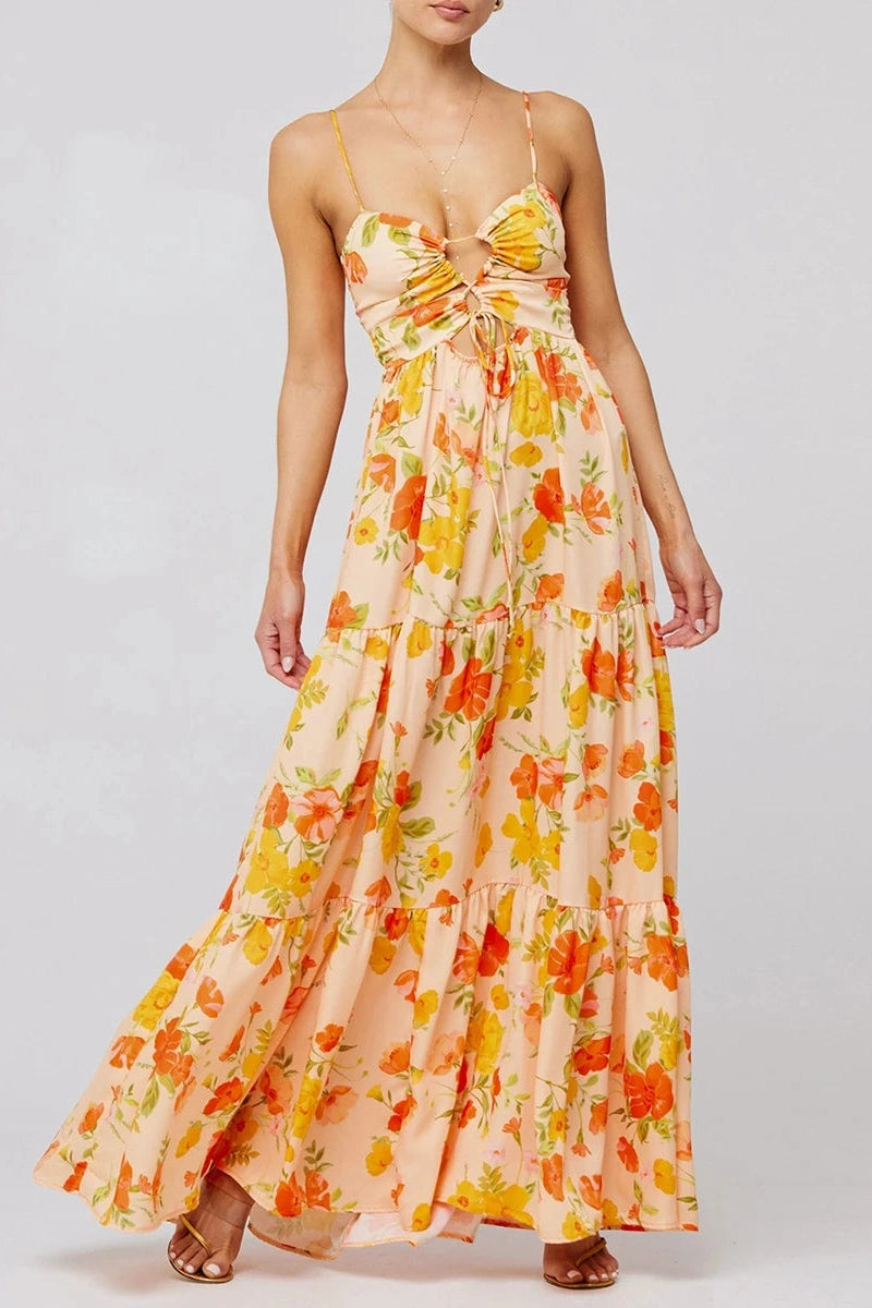 Glorol - Sleeveless Spaghetti Strap Floral Print Maxi Dress