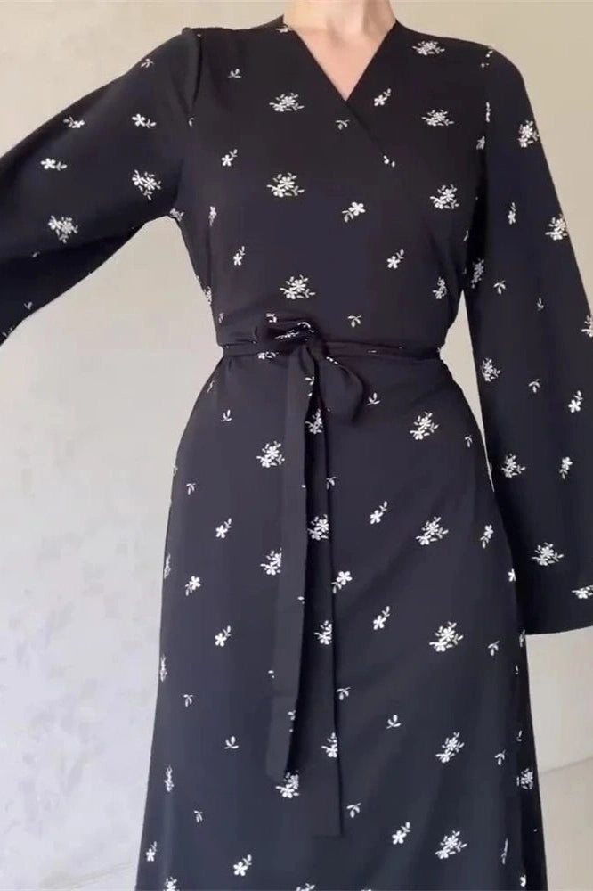 Glorol - Printed V-Neck Patchwork High Waist Lace-Up Maxi Dress