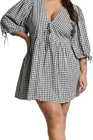 Glorol - Short Sleeve V Neck Plaid Mini Dress
