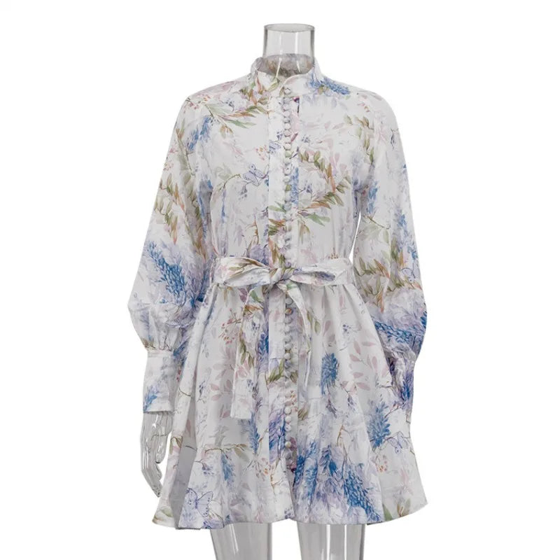 Glorol - Printed Lace Up Single Breasted Mini Dress
