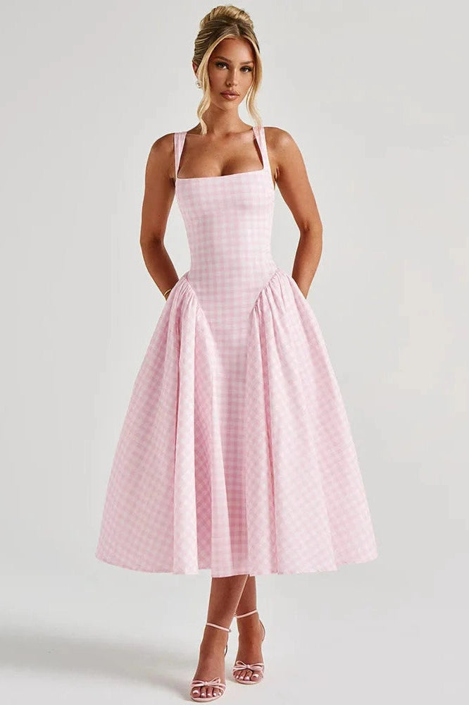 Glorol - Plaid Printed Spaghetti Strap High Waist A-line Backless Midi Dress