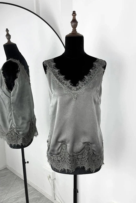 Glorol - Lace Deep V-Neck Sleeveless Loose Top