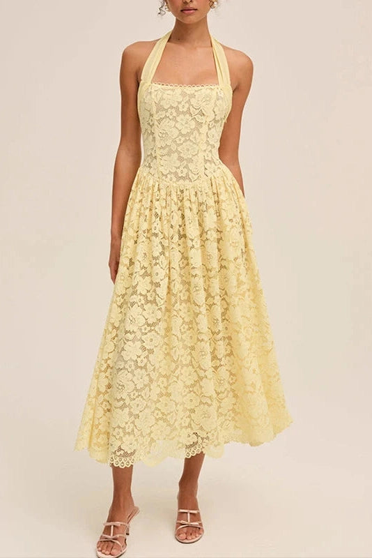 Glorol - Hollow Out Backless Sleeveless Slim Pleated Lace Midi Dress