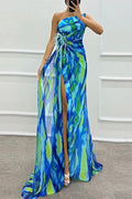 Glorol - Sleeveless Backless High Split Printed One Shoulder Maxi Dress