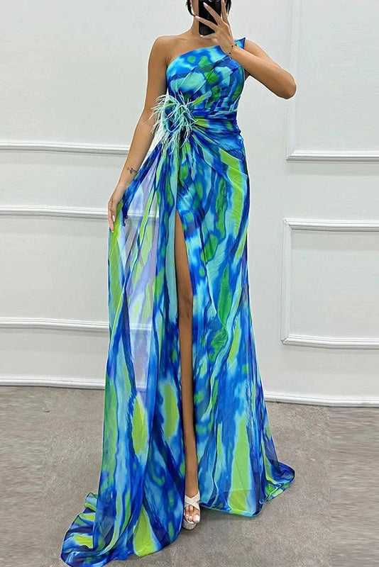 Glorol - Sleeveless Backless High Split Printed One Shoulder Maxi Dress