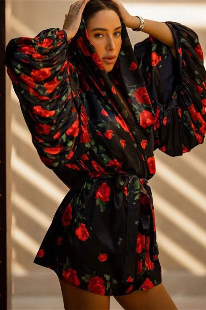 Glorol - Printed Patchwork Long Sleeve Lace-Up V-Neck Mini Dress