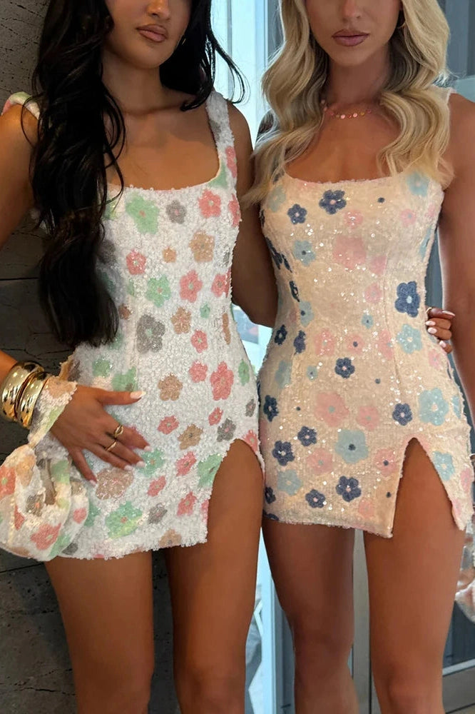 Glorol - Printed Square Collar Sleeveless Backless Split Mini Dress